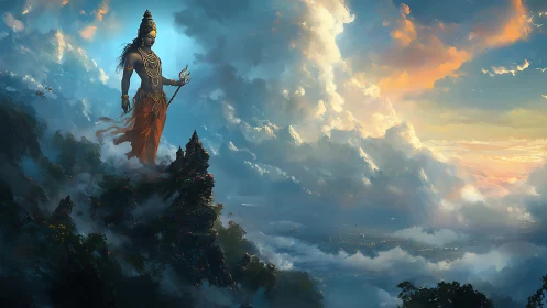 Divine figure on mountain peak above cloud-filled valley at dawn.