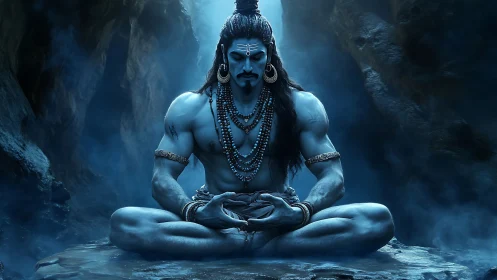 Mythic blue deity in meditative pose within misted cavern.