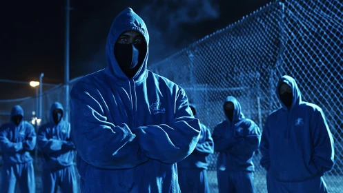 Hooded figures in blue-lit urban yard with chain-link fence.