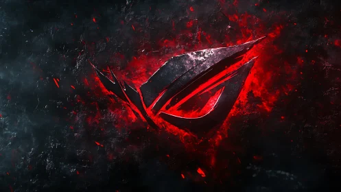 Fractured metallic emblem in incandescent red plasma field.