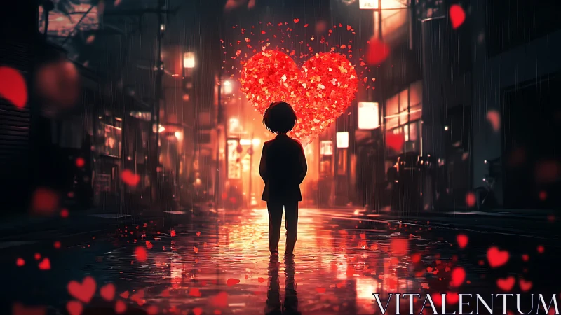 Silhouetted figure beneath glowing heart in rainy neon city street.