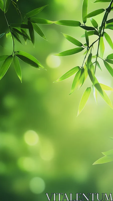 Luminous bamboo leaves against soft green bokeh backdrop.
