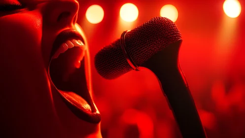 Close-up profile of singer with microphone in red light.