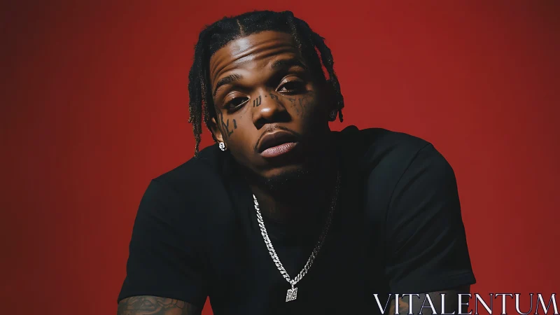 Studio portrait of tattooed man on bold red background.