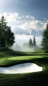 Photorealistic alpine golf fairway with sculpted bunkers design.