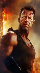 Injured male figure with firearm before burning building.