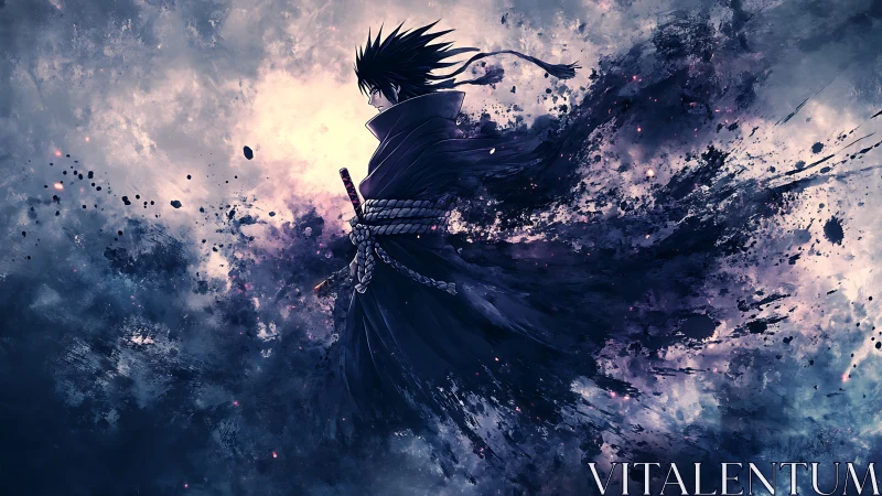 Solitary anime swordsman dissolves into stormy cosmic dusk