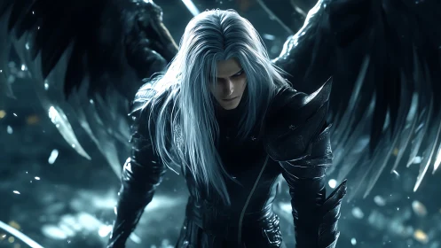 Dark winged warrior descends through cold swirling light