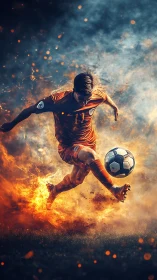 Dynamic soccer player kicking ball in fiery action scene.