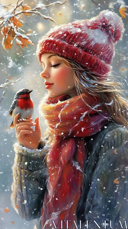 Young woman in red hat holding songbird in snowfall.
