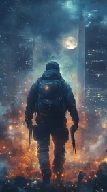 Lone dusk wanderer storms a neon-ash ruined skyline.