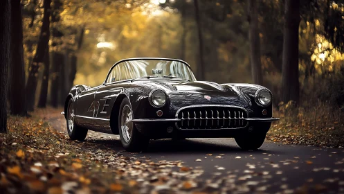 Vintage roadster gliding through a golden autumn forest.