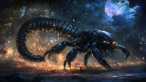Celestial cyber-scorpion prowls beneath a burning starfield.