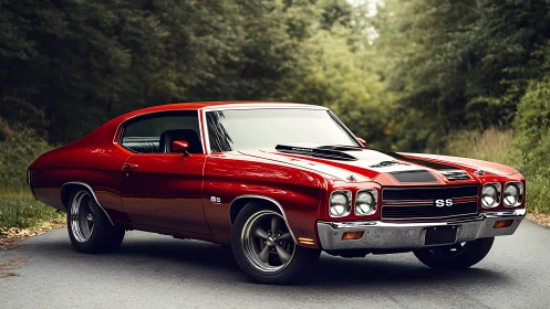 Classic red muscle car rendered in high-contrast photorealism