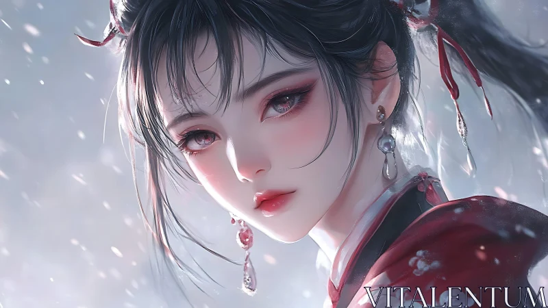 Snowlit crimson maiden gazes through swirling petal hush.