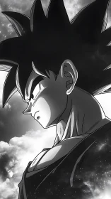 Monochrome anime warrior profile against cloudy sky.