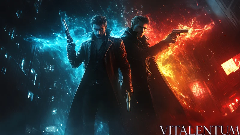 Twin gunmen divide neon city in fire and ice standoff.