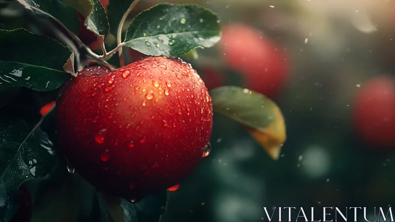 Sunlit red apple hangs with fresh raindrops after gentle rain