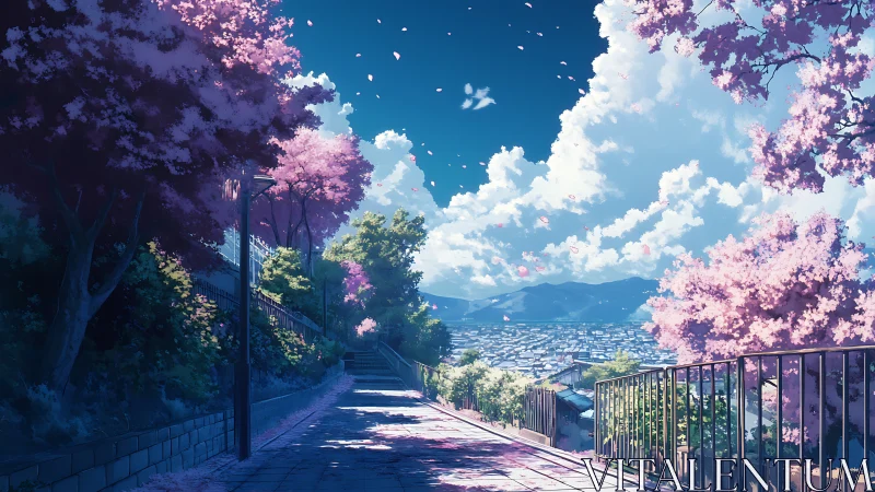 Sunlit hillside path overlooking city under cherry blossoms.
