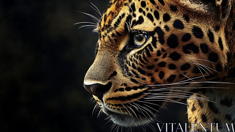 Leopard Profile Portrait. Intense gaze against black void.