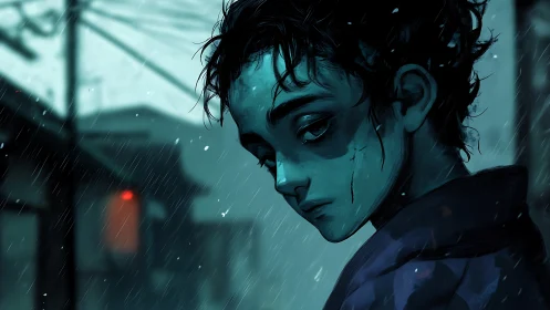 Rain-soaked youth with cyan skin tones under moody backlight