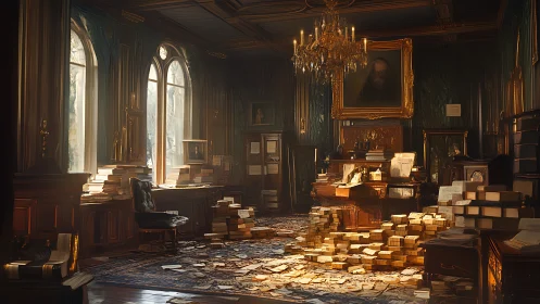 Old study packed with books, papers, dust and warm light.