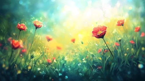 Red Flowers Blooming in Golden Sunlit Field