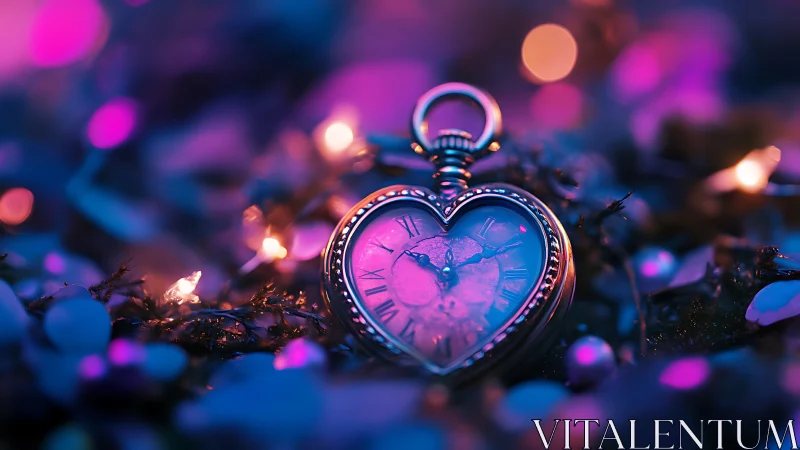 Heart-shaped pocket watch glows in neon bokeh fantasy lighting