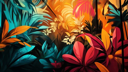 Bold tropical foliage in vivid teal, orange and magenta jungle