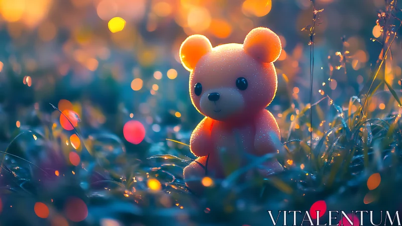 Glow-lit teddy bear amid dreamy dusk meadow bokeh.
