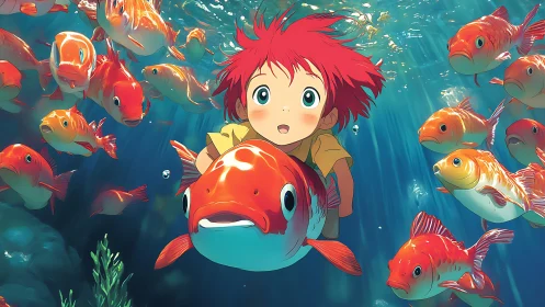 Curious child rides koi fish through a glowing blue ocean.