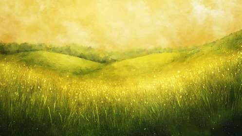 Golden meadow panorama with atmospheric perspective rendering.