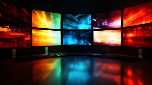 Curved multi-monitor workstation shows abstract light graphics