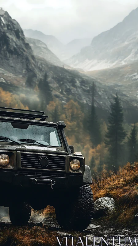 Off road utility vehicle on rocky track in misty mountains.
