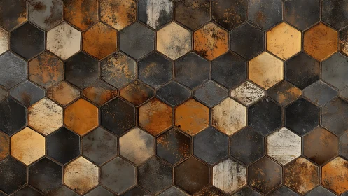 Hexagonal tiled surface in mixed rust and charcoal tones.