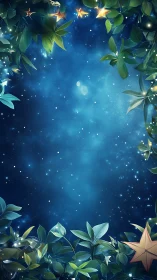 Enchanted night sky framed by glowing forest leaves.