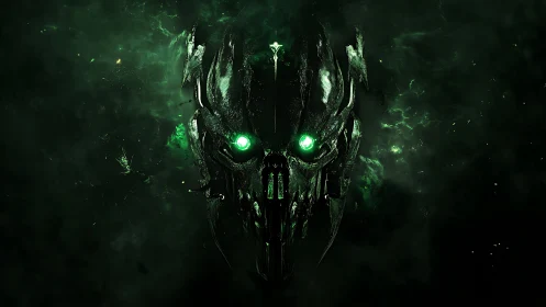 Haunting emerald skull emerging from deep cosmic shadows.