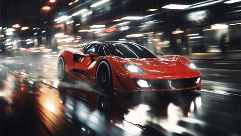 Red sports car racing through glowing rainy night streets.
