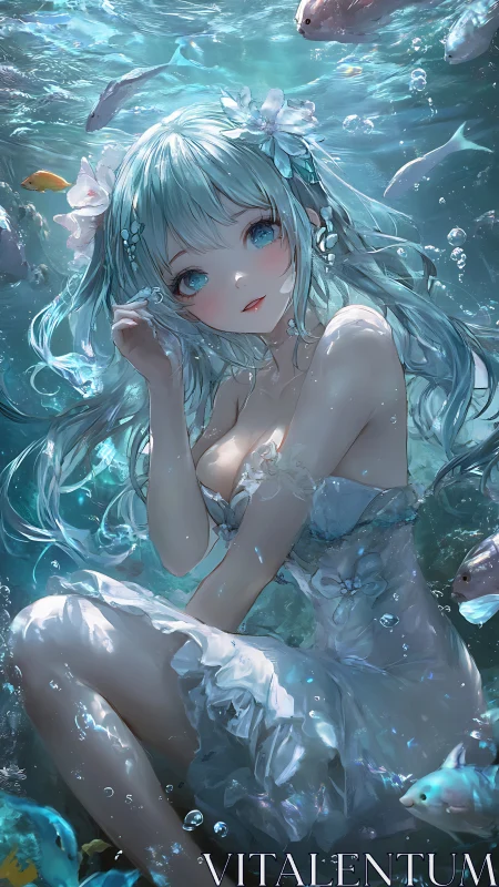 Subsurface aquatic maiden with refractive caustic lighting.