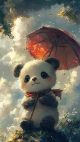 Fluffy panda cub with red umbrella under glowing sky.
