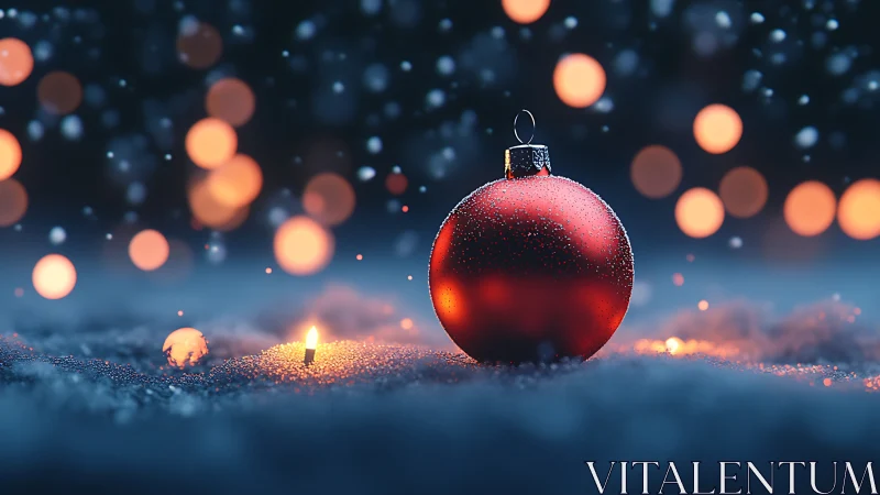 Crimson bauble in snowy bokeh glow on winter nightscape.