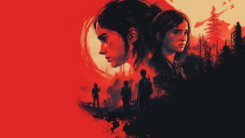 Post-apocalyptic forest scene with dual female portraits.