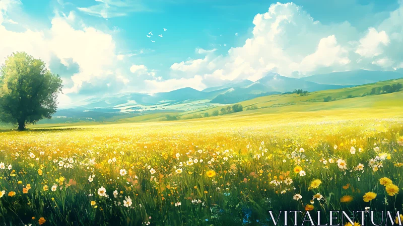 Sunlit wildflower kingdom under wandering cotton clouds.