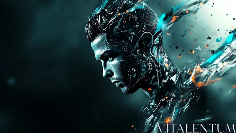 Cybernetic male portrait dissolving into abstract shards.