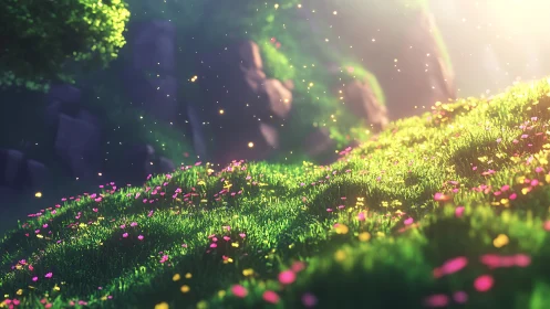 Sunlit grassy hillside shows stylized flowers and glowing particles