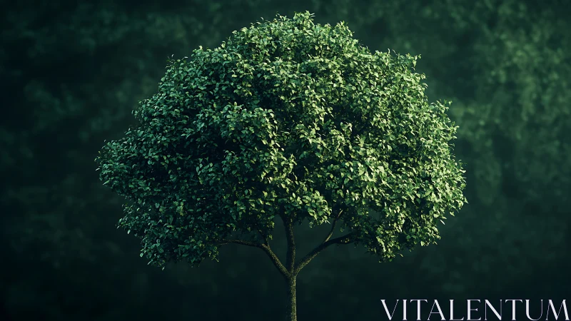 Solitary photorealistic tree rendered against deep bokeh forest