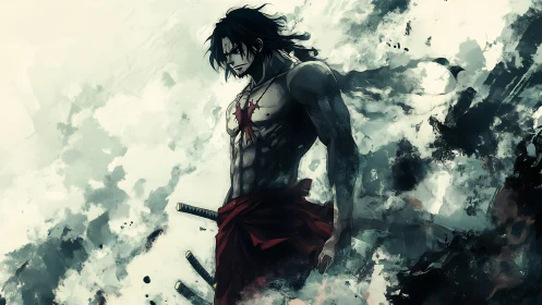 Anime warrior in abstract smoke field, high-contrast composition.