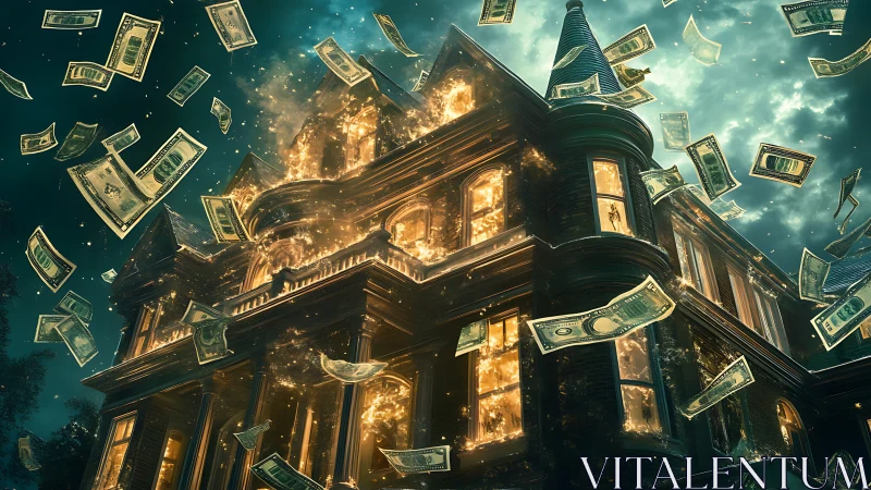 Grand mansion engulfed in fire with money floating around.