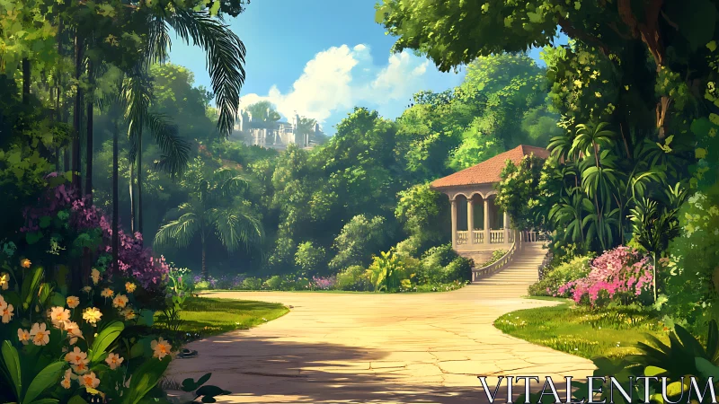 Sunlit tropical promenade leading to secluded garden pavilion.