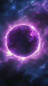 Violet cosmic sphere wreathed in radiant plasma halo.